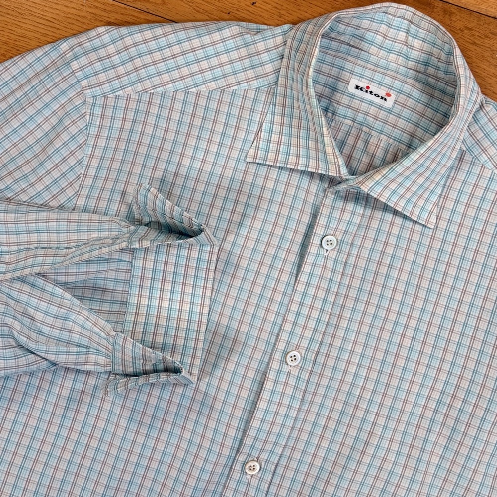 Kiton Napoli Mens Blue Plaid Long Sleeve Button Down Shirt Size 16.5 42 Italy